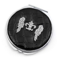 Pocket Mirror - Croc Embossed w/ Rhinestone Fleur De Lis & Angel Wings - MR-GM1282B